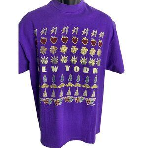 Vintage Mens 90's New York Shirt Purple Crew Short Sleeve Single Stitch Sz Large